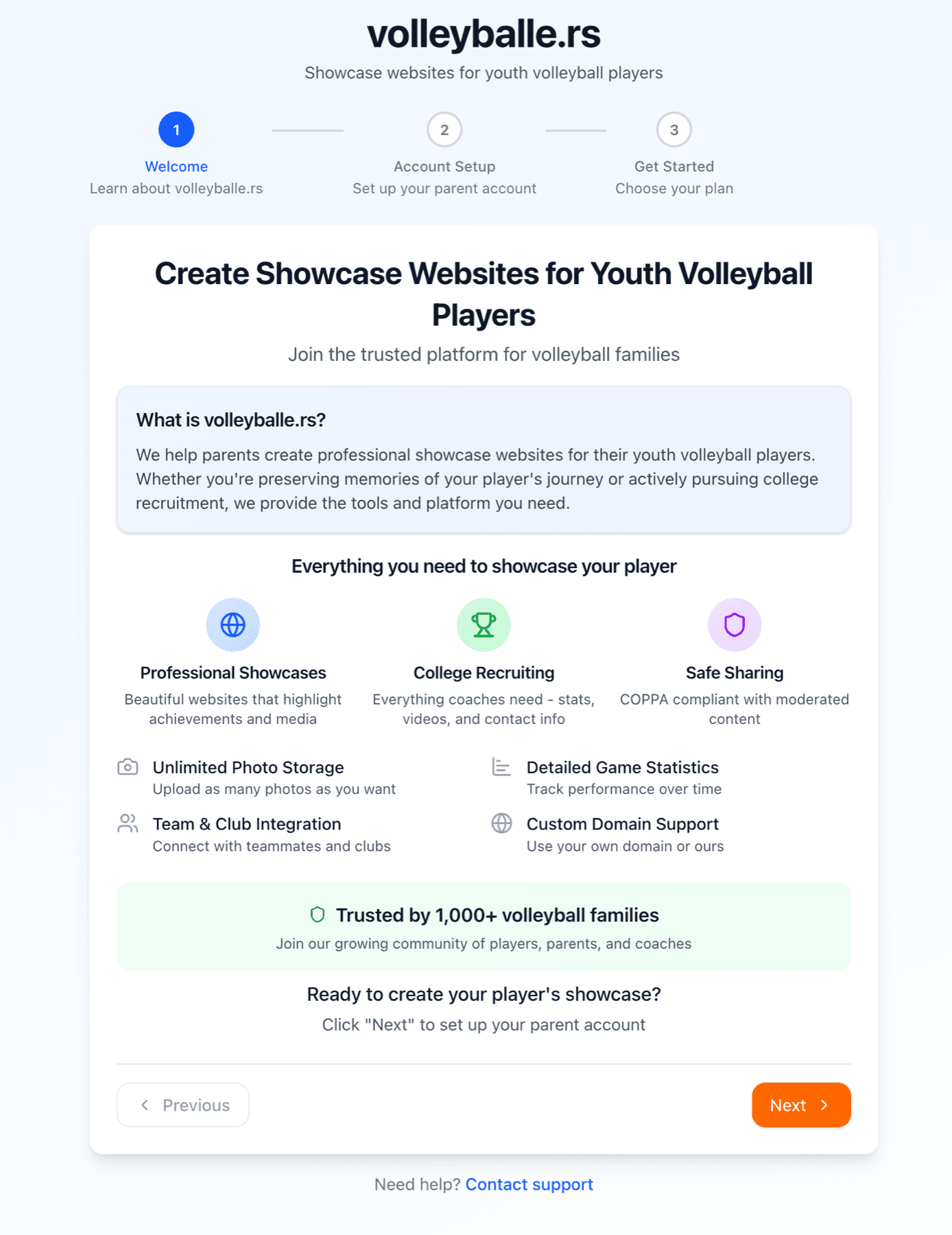 Welcome screen explaining platform features