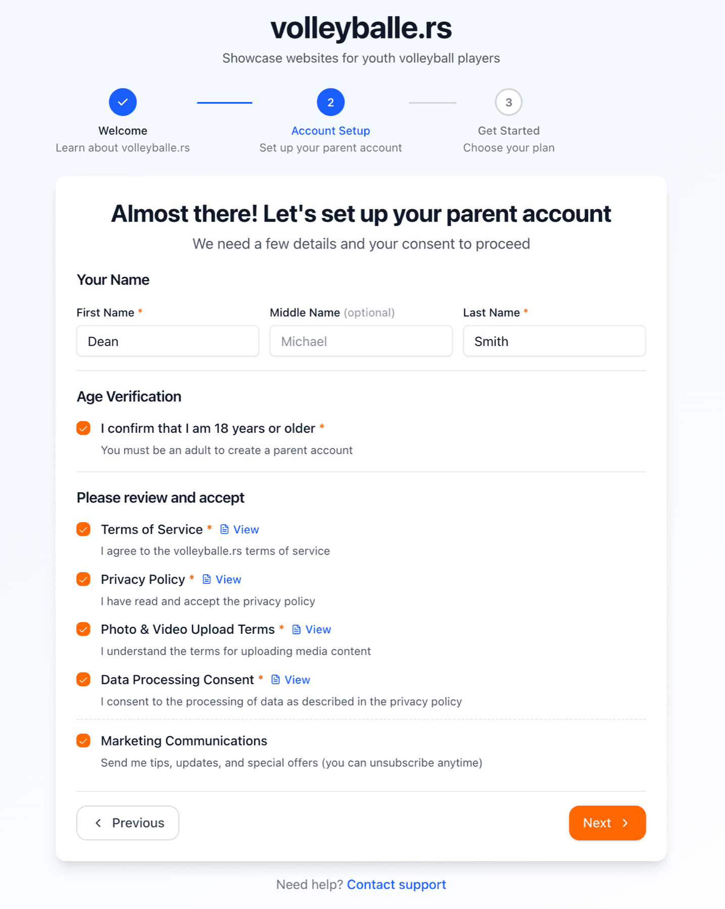 Completed parent setup form with all checkboxes marked
