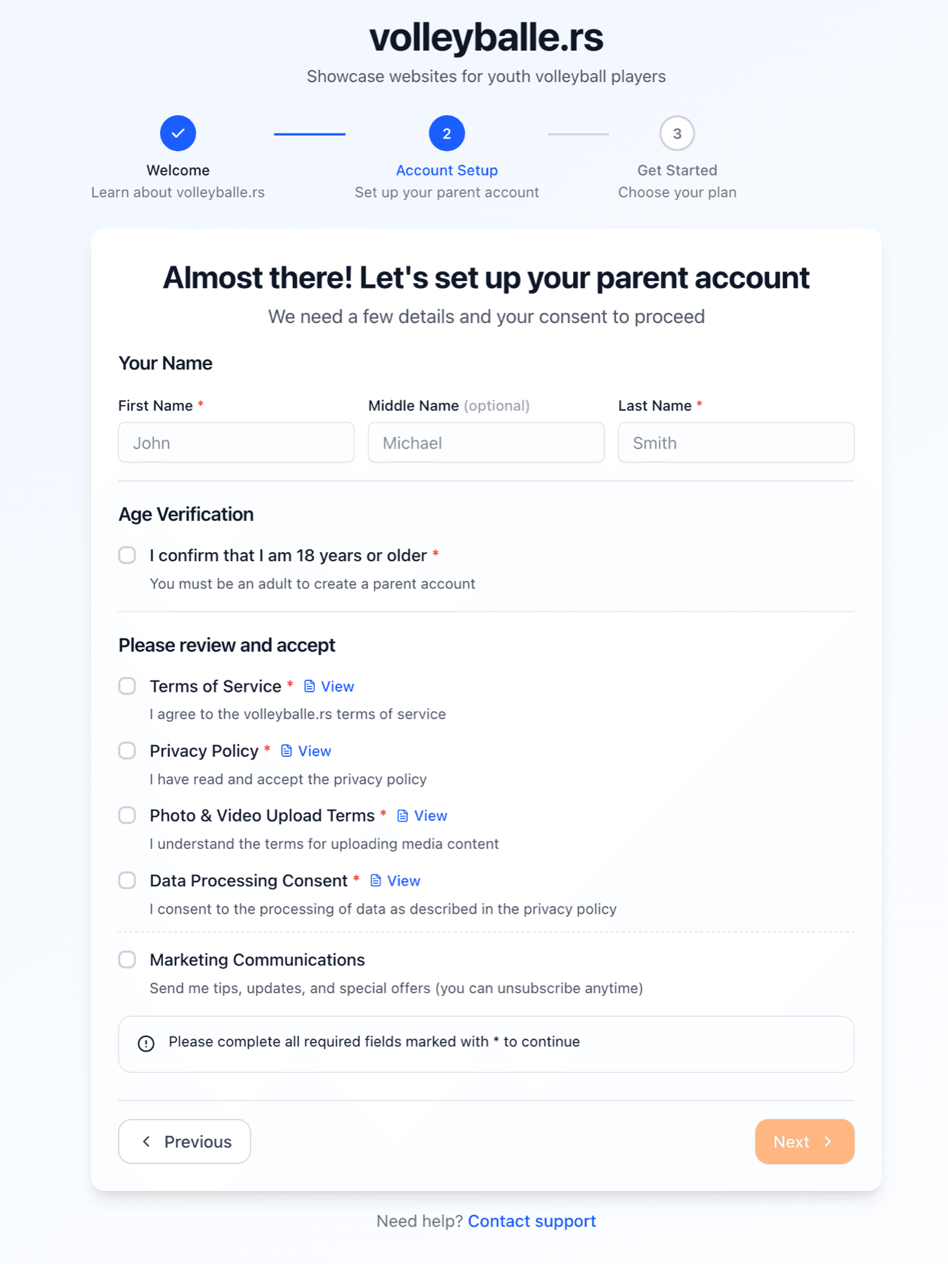 Parent account setup form with consent checkboxes