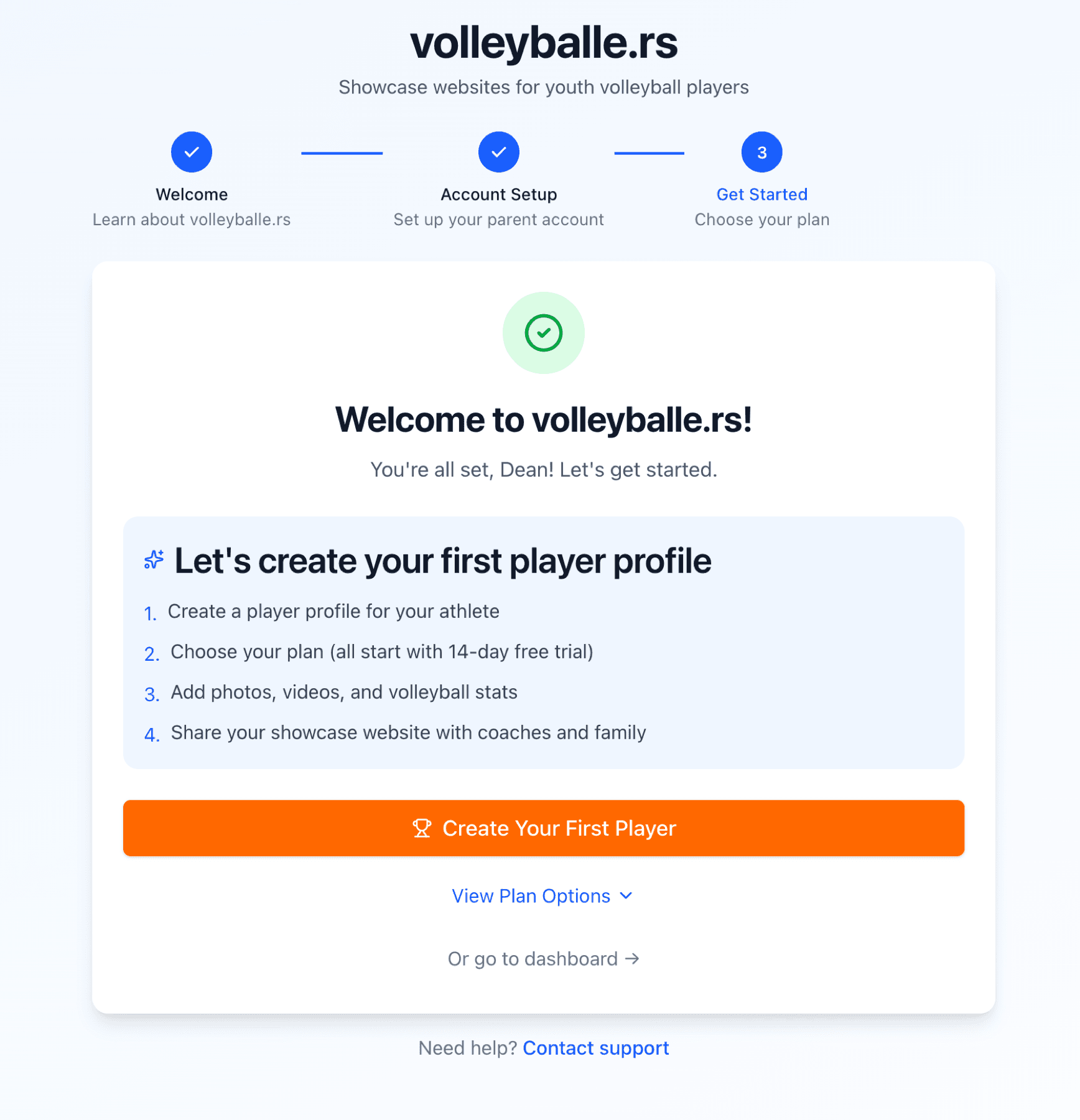 Success screen with options to create player or view dashboard