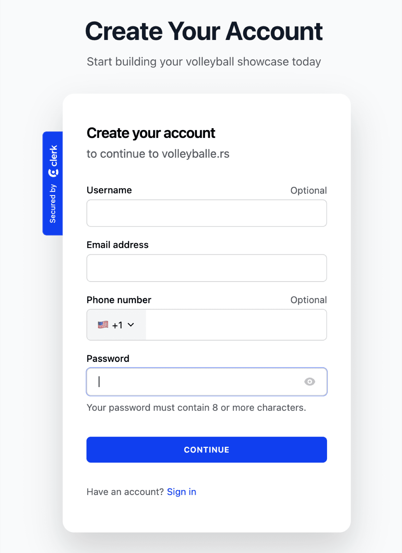 Empty account creation form with username, email, phone, and password fields