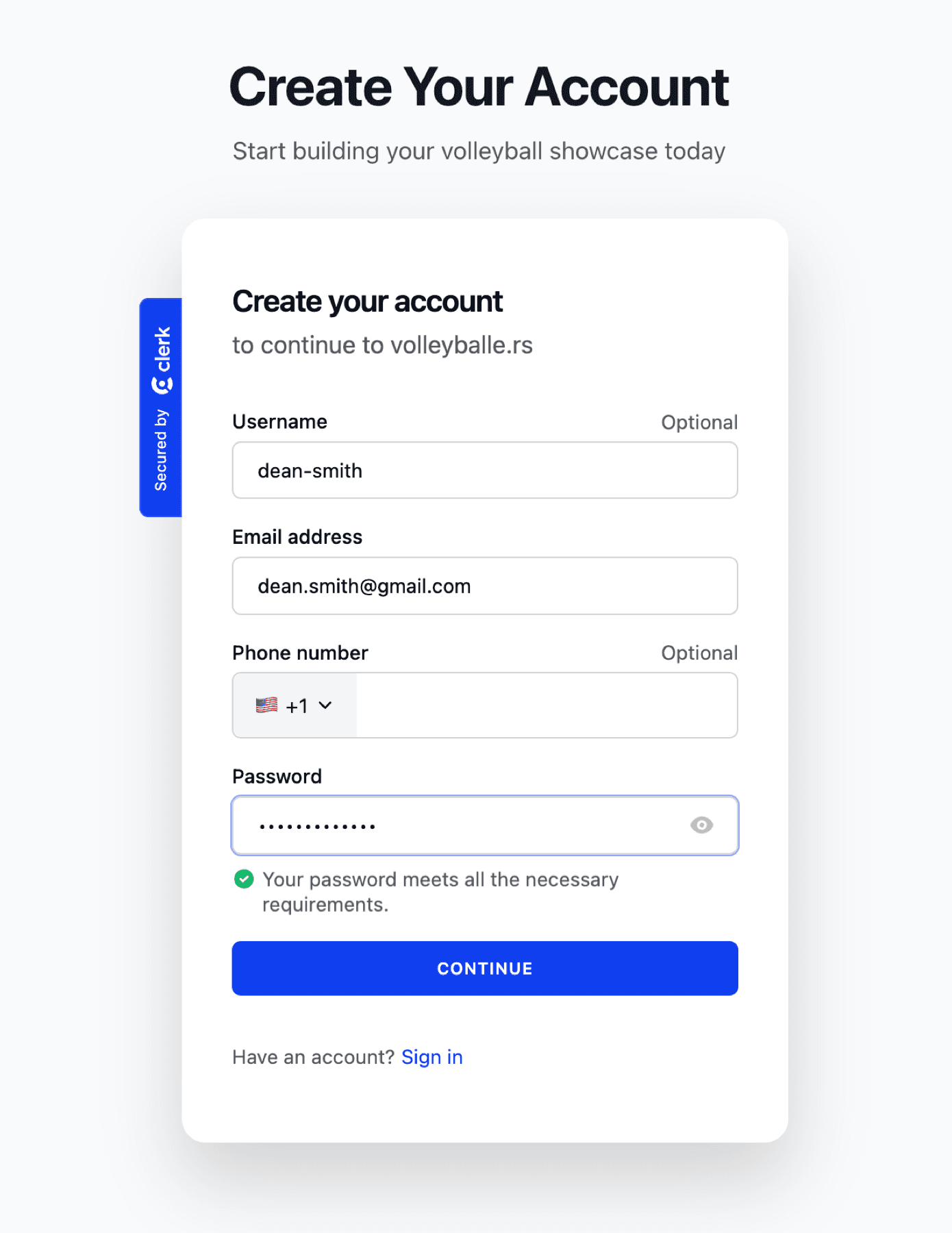Filled account creation form showing example data
