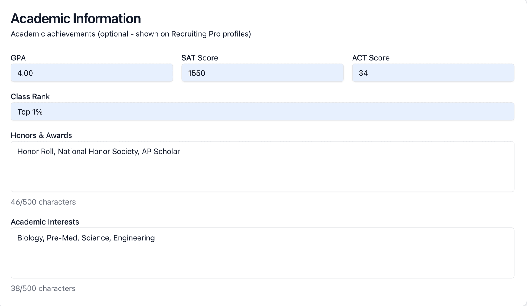 Academic information form with GPA, SAT, ACT, class rank, and interests