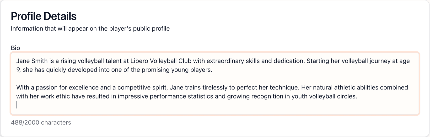 Bio text area with sample content about a volleyball player