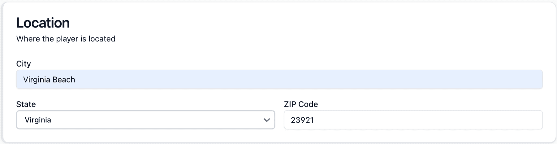 Location form with city, state, and ZIP code fields