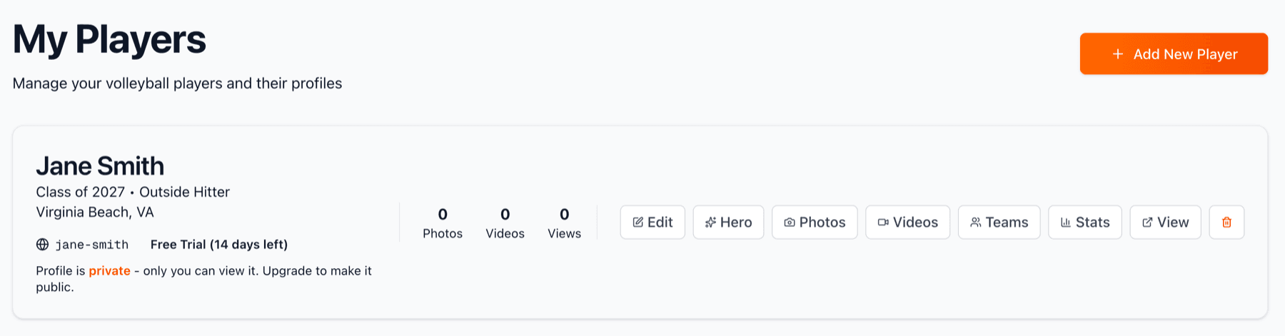 Dashboard showing newly created player profile with action buttons