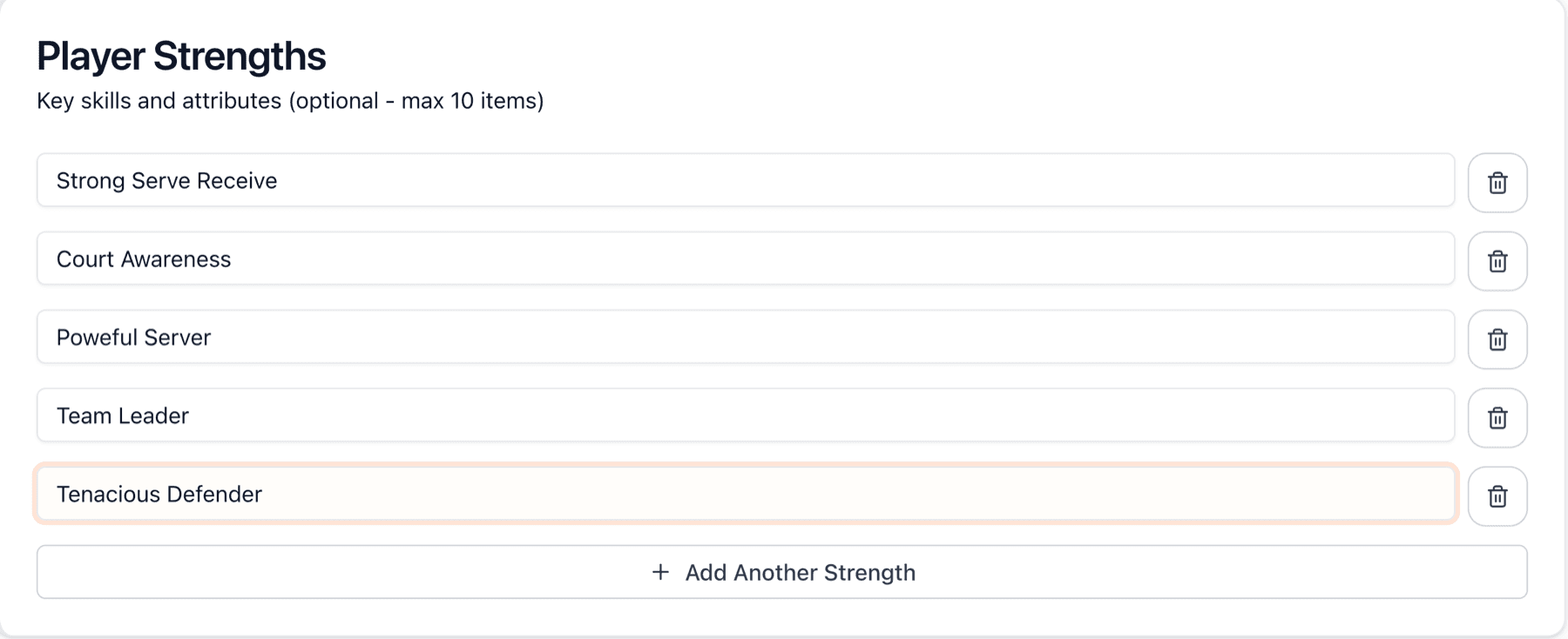 Strengths section with multiple skills listed