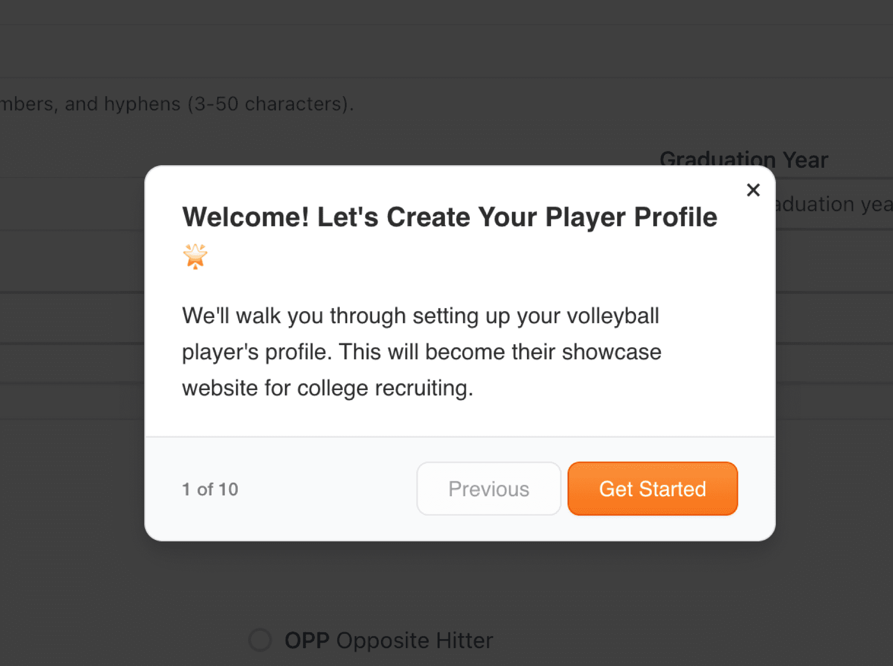 Tour dialog introducing player profile creation