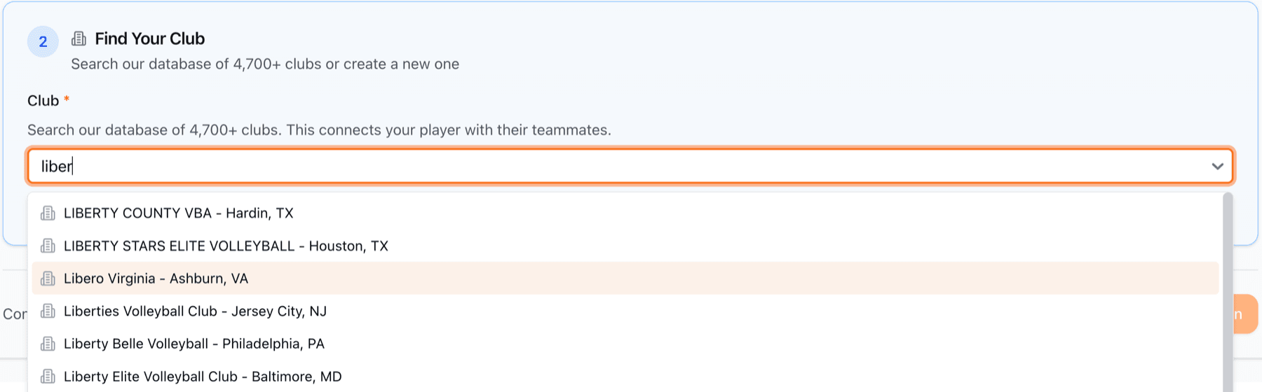 Club search interface