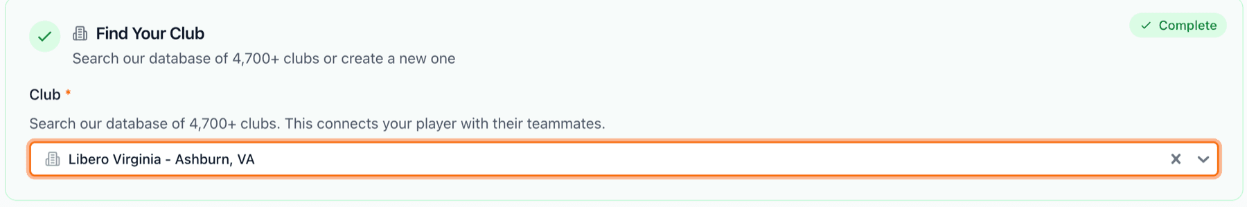 Club search results showing matches