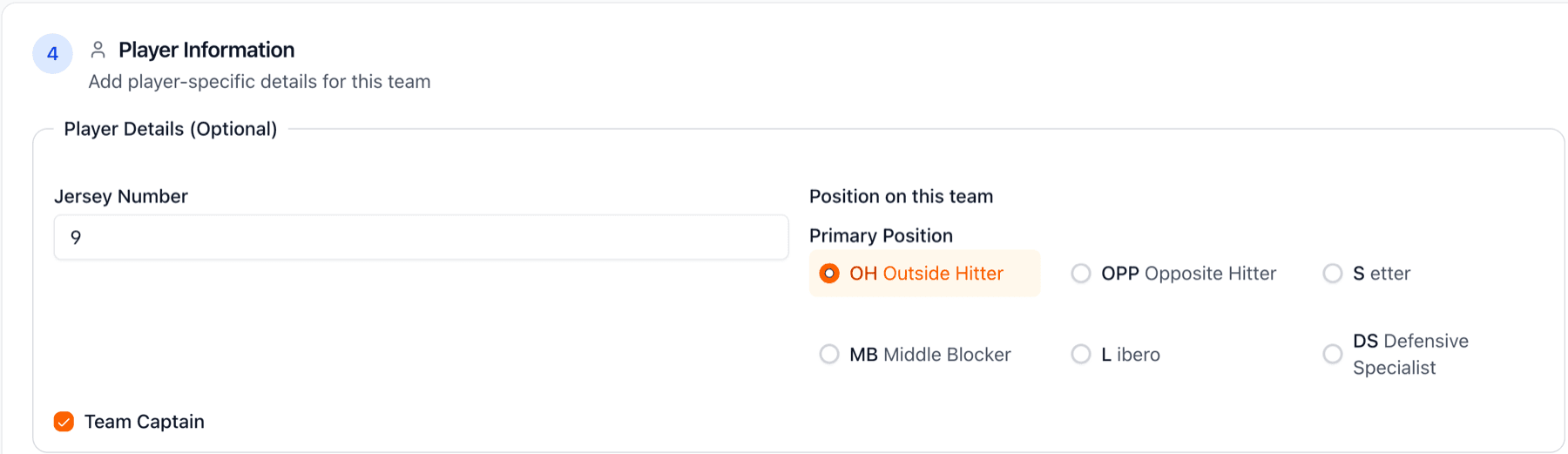 Player-specific information form with jersey number, position, and captain status