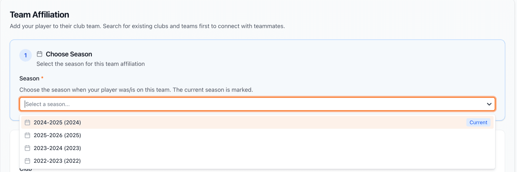 Season selection dropdown showing multiple years
