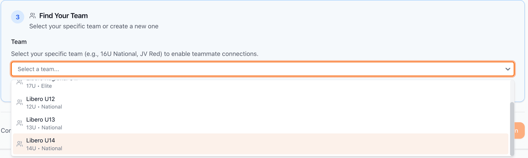 Team search interface