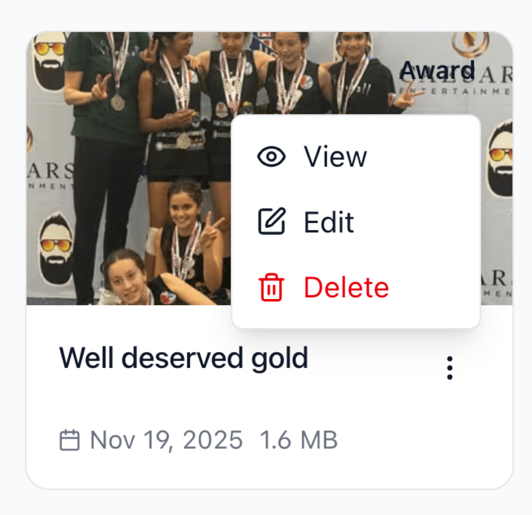 Photo with actions menu showing edit and delete options