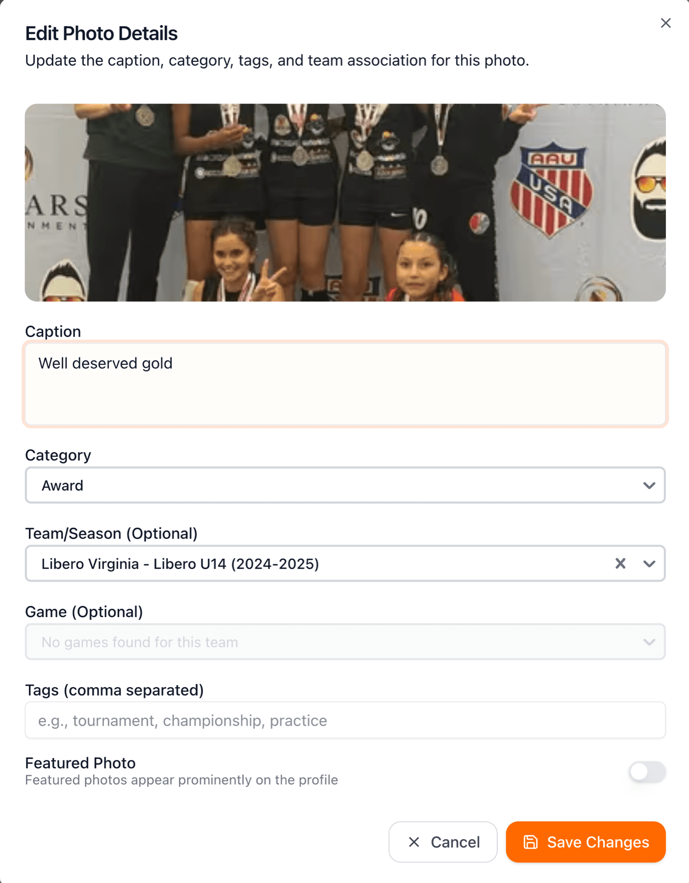 Photo edit dialog with caption, team, season, and tag options