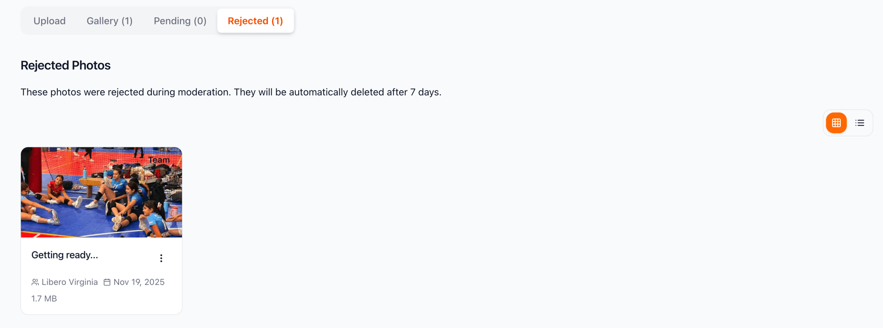 Rejected tab showing a photo that didn't pass moderation