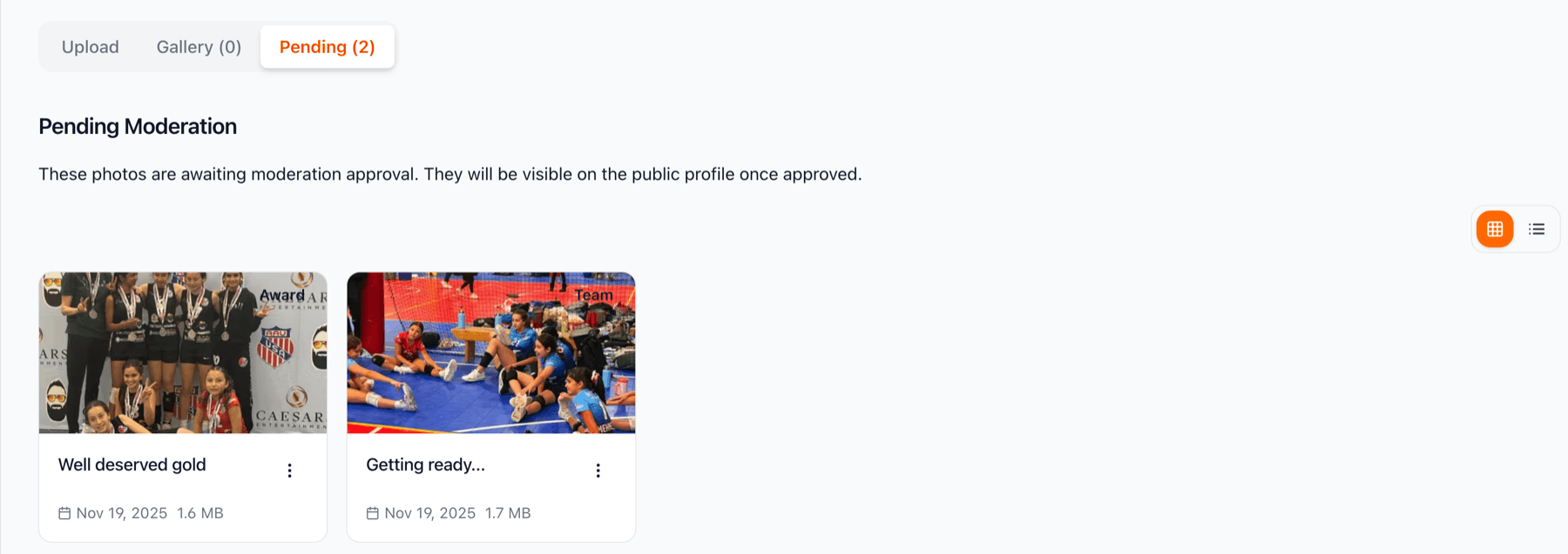 Pending tab showing photos awaiting approval with moderation notice