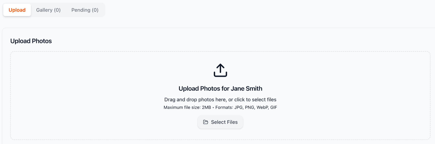 Empty photo upload interface with drag and drop area