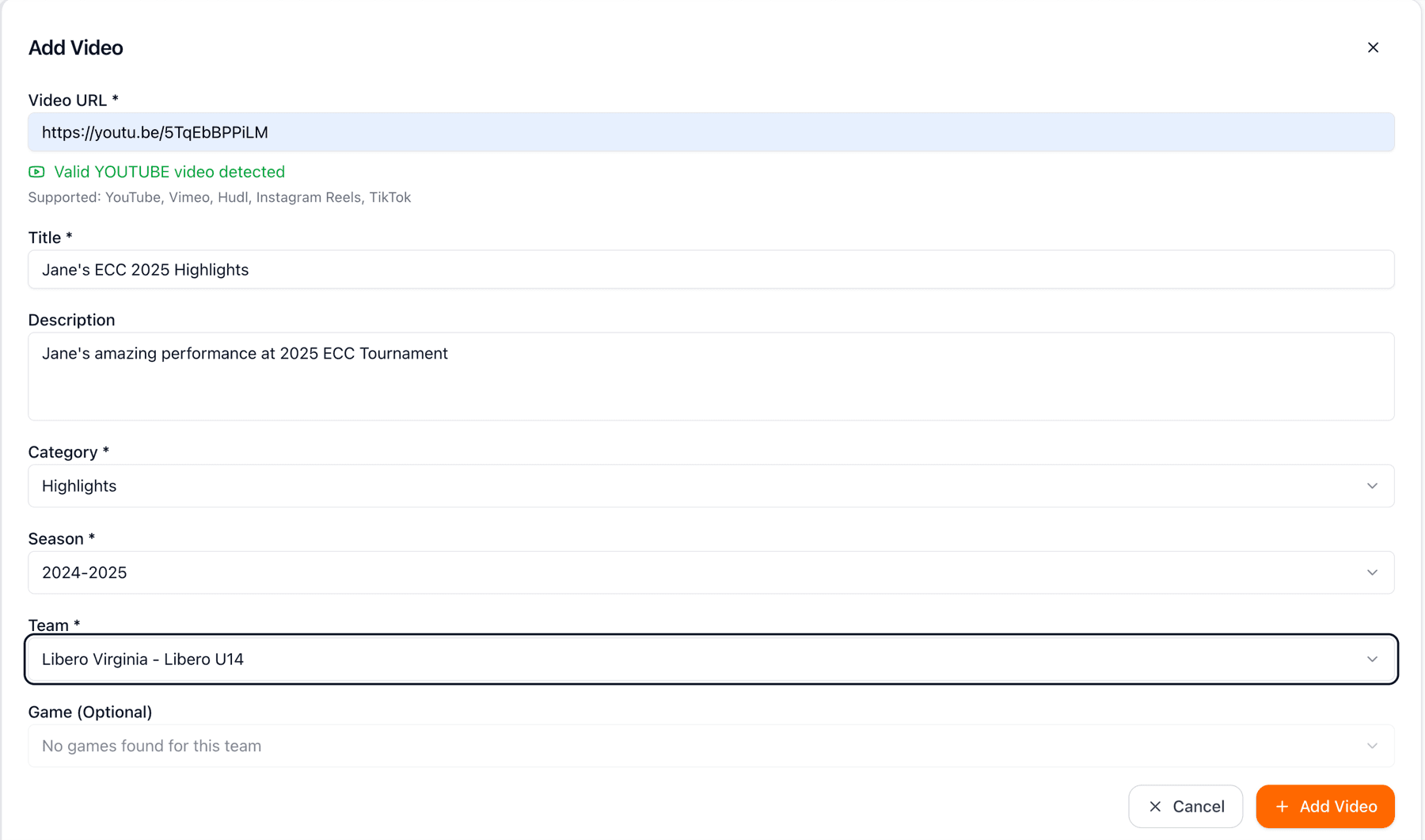 Completed video form with all fields filled