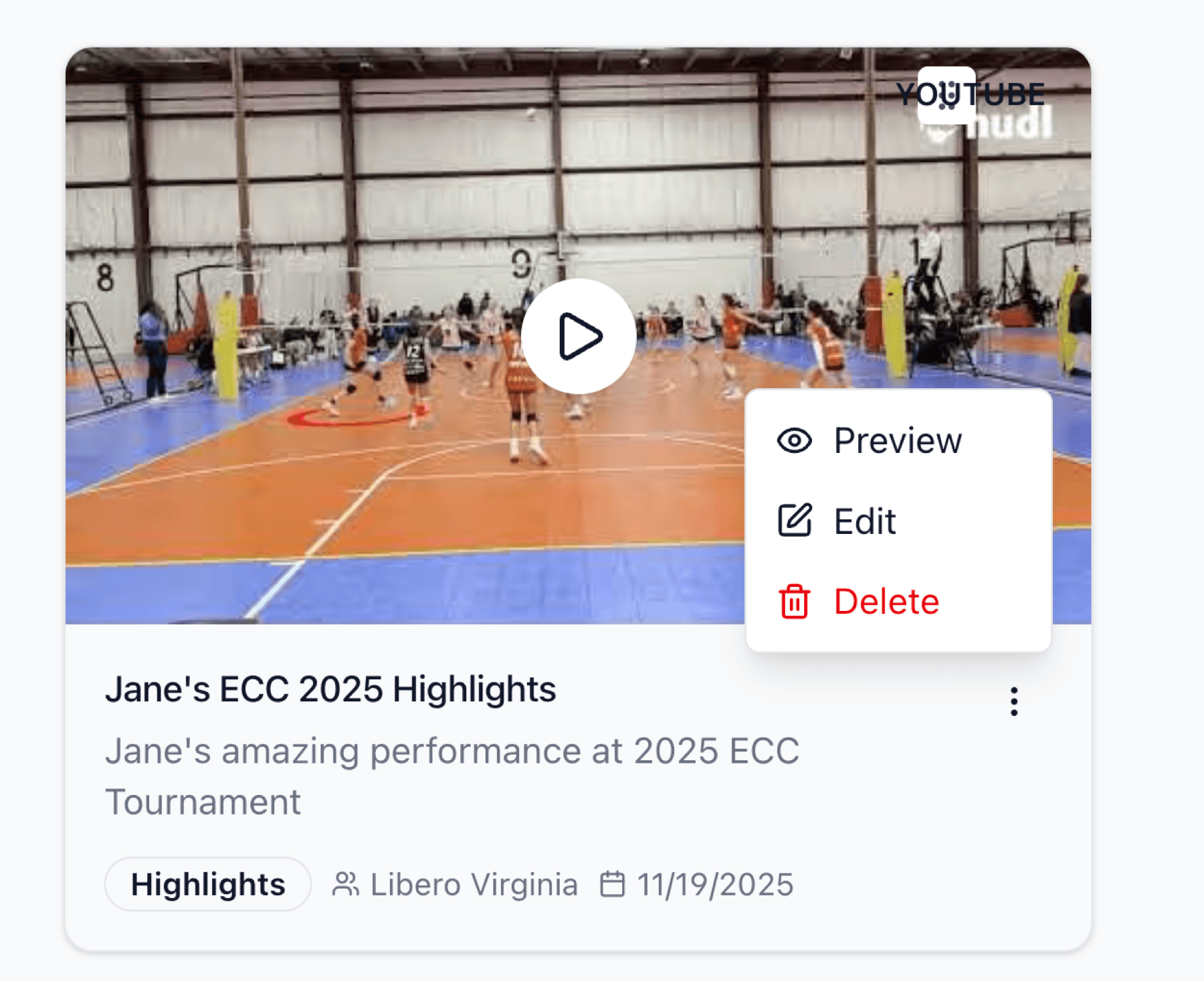 Video actions menu showing edit and delete options