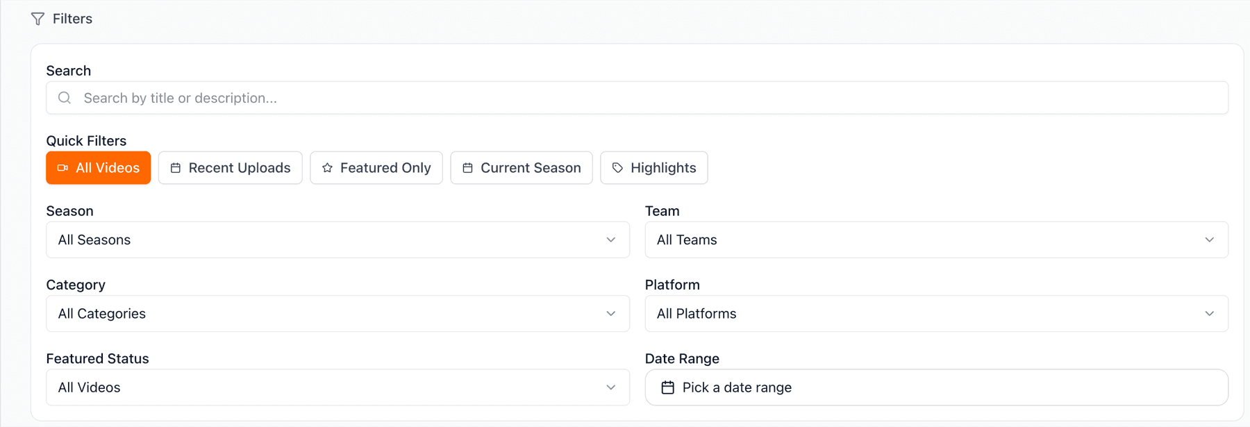 Video filters showing category, season, and team options