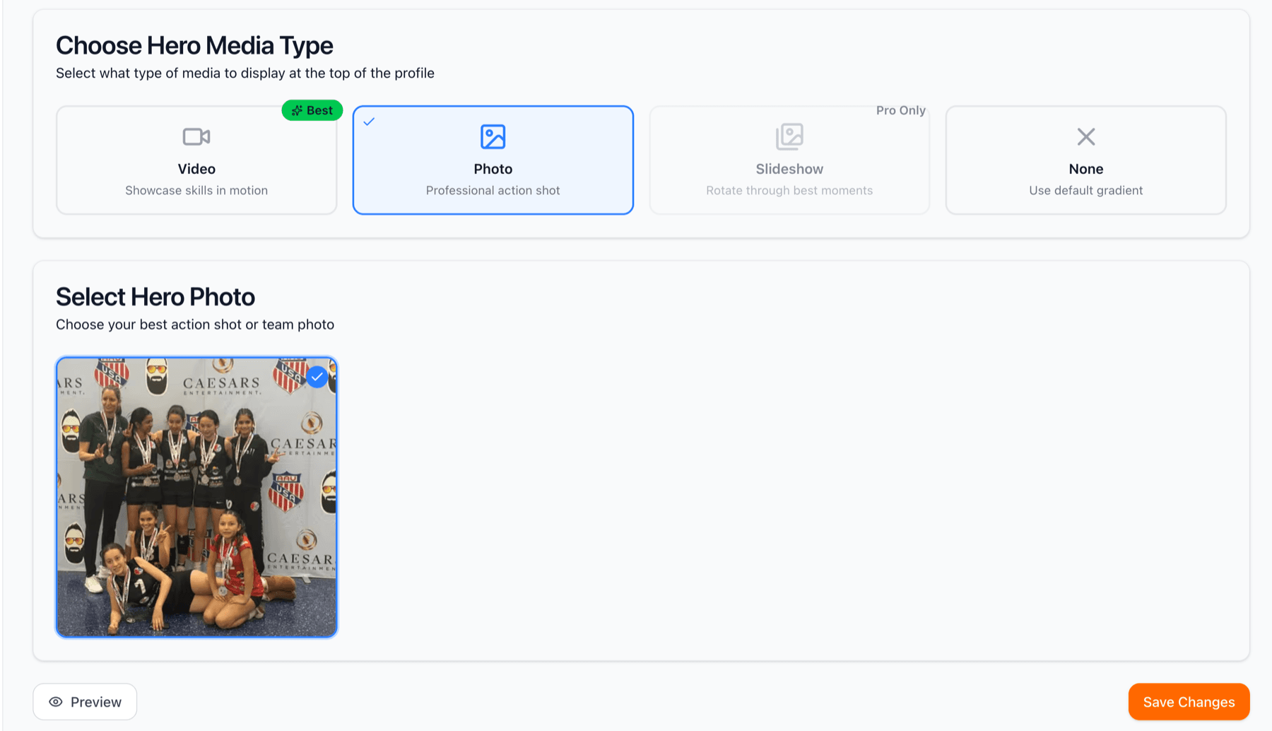 Photo selection interface showing approved photos to choose from