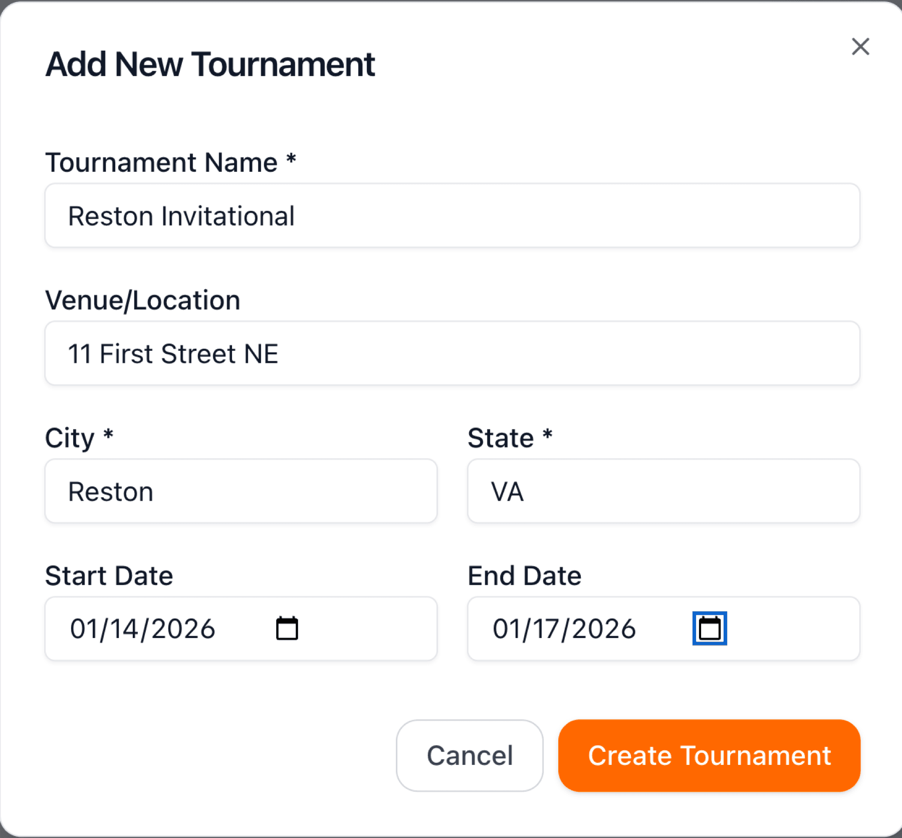 Tournament creation dialog with name, location, and date fields