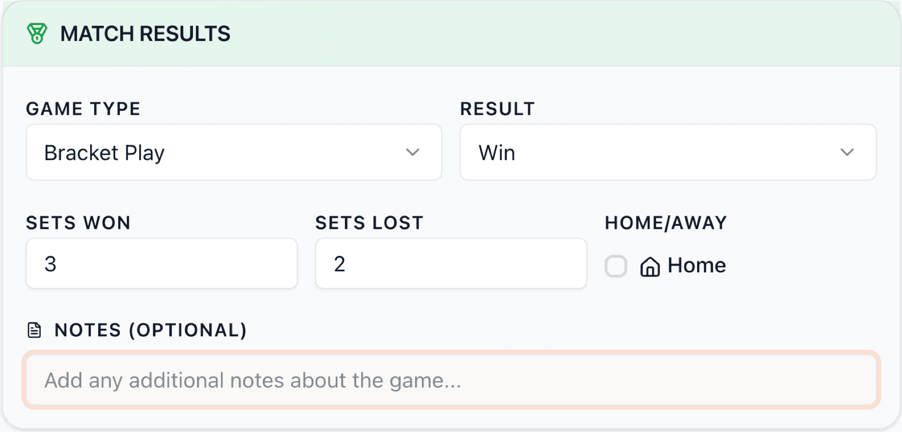 Game result form with set scores