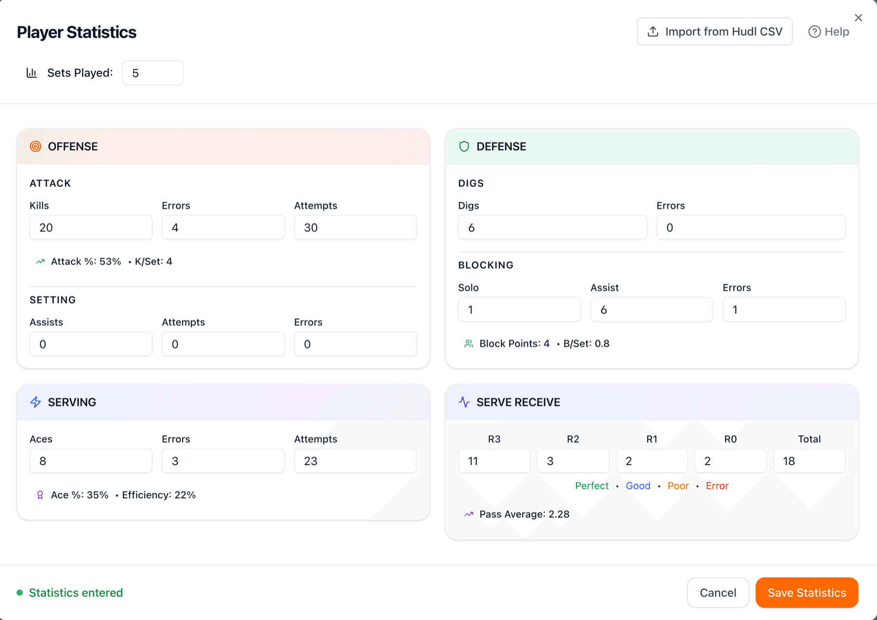 Detailed stats form with all categories visible