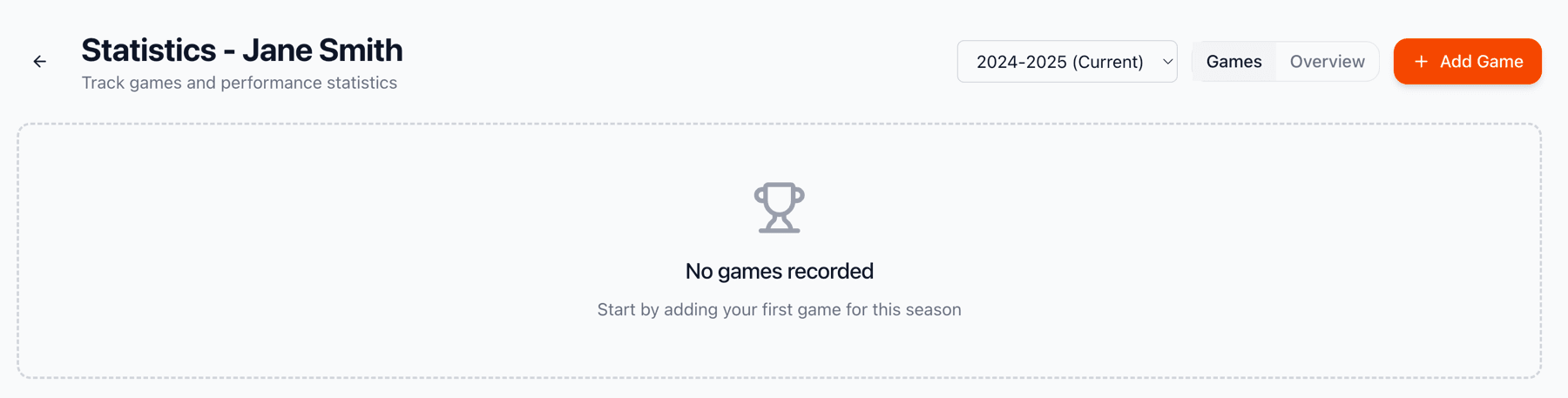 Empty statistics dashboard with no games recorded