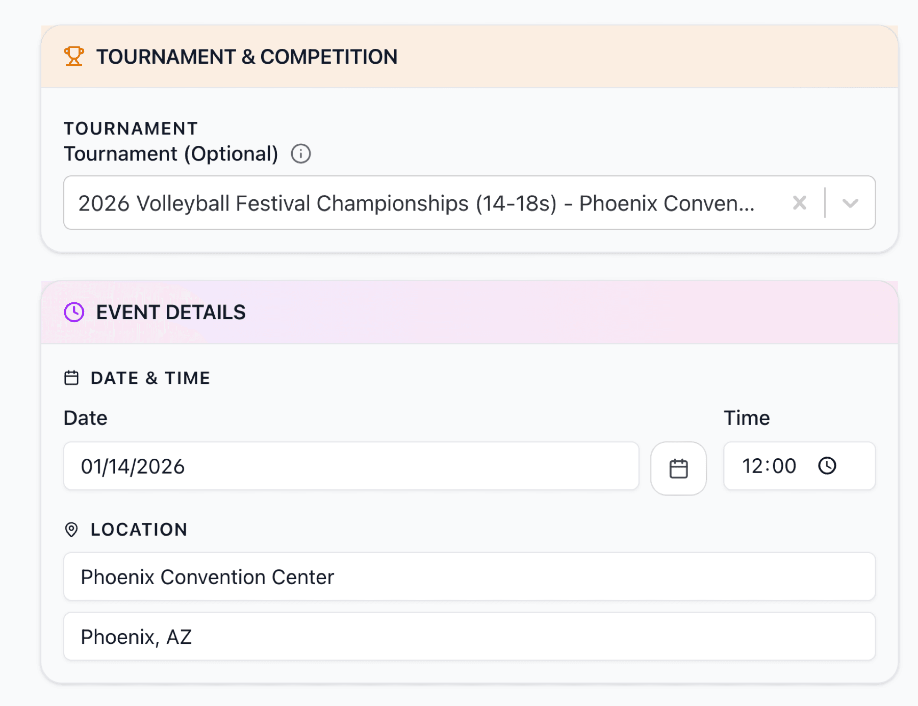 Tournament form with location fields