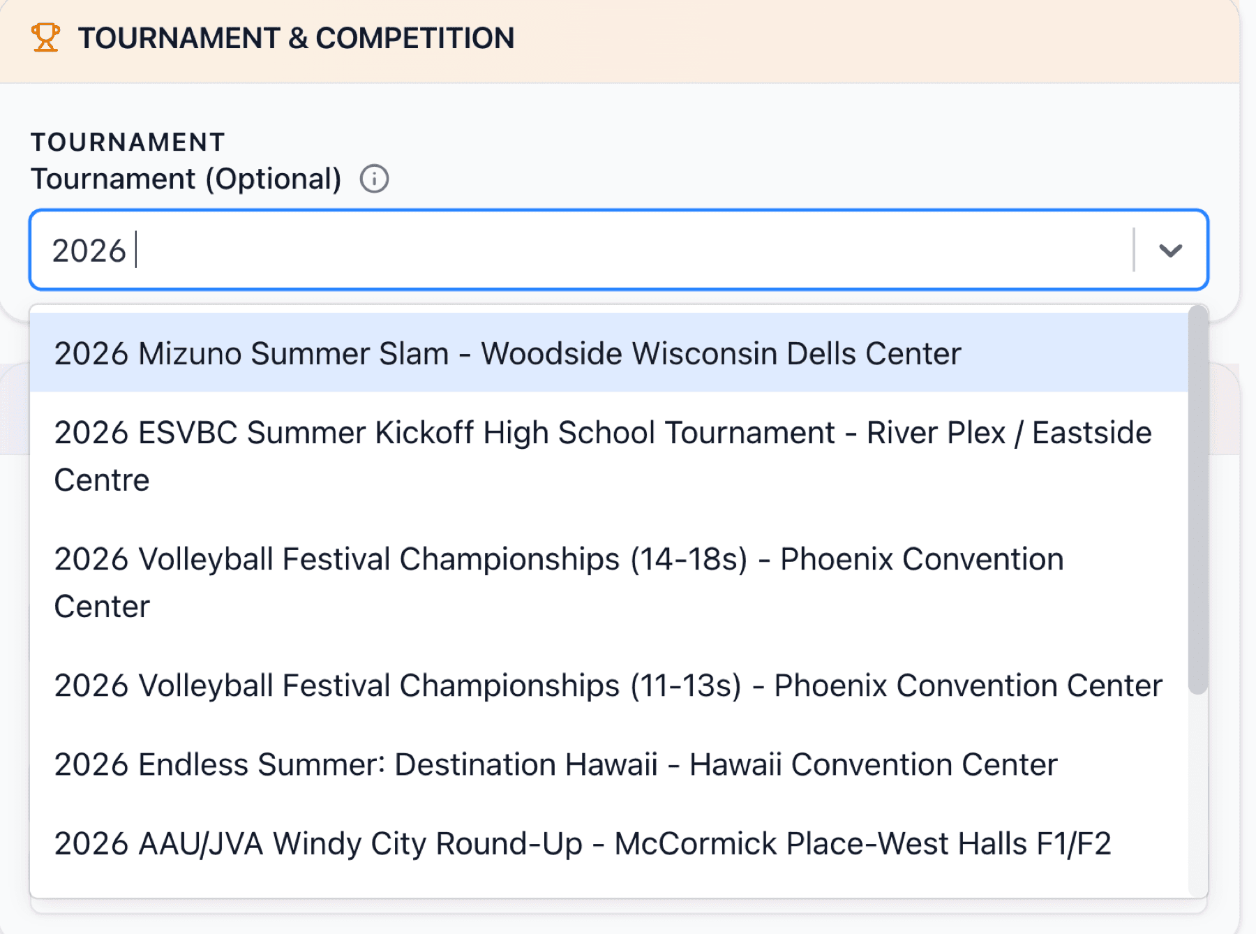 Tournament search showing existing tournaments