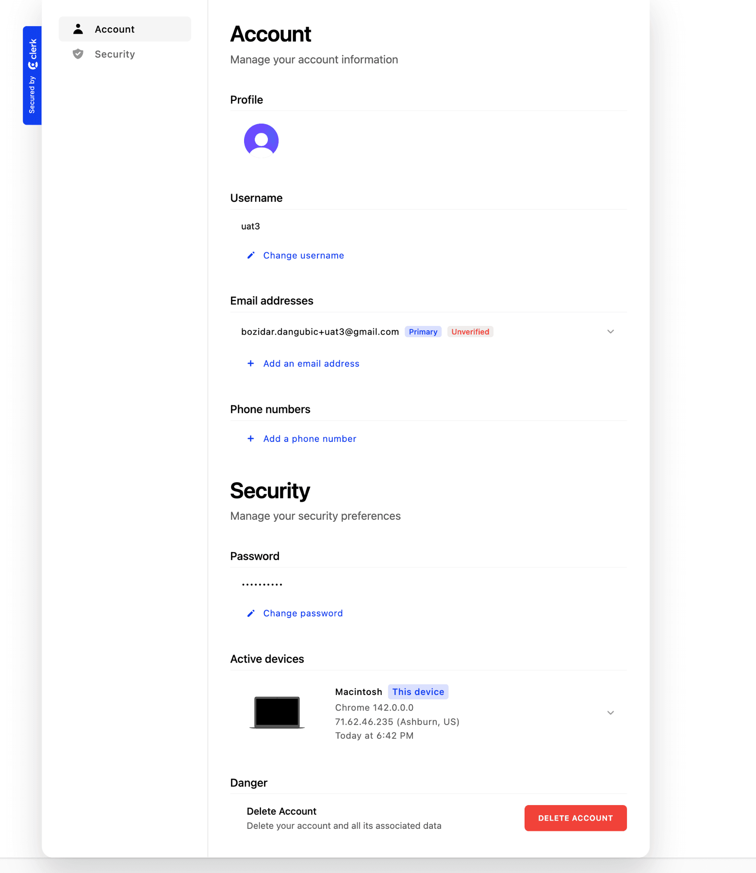 Clerk security settings interface
