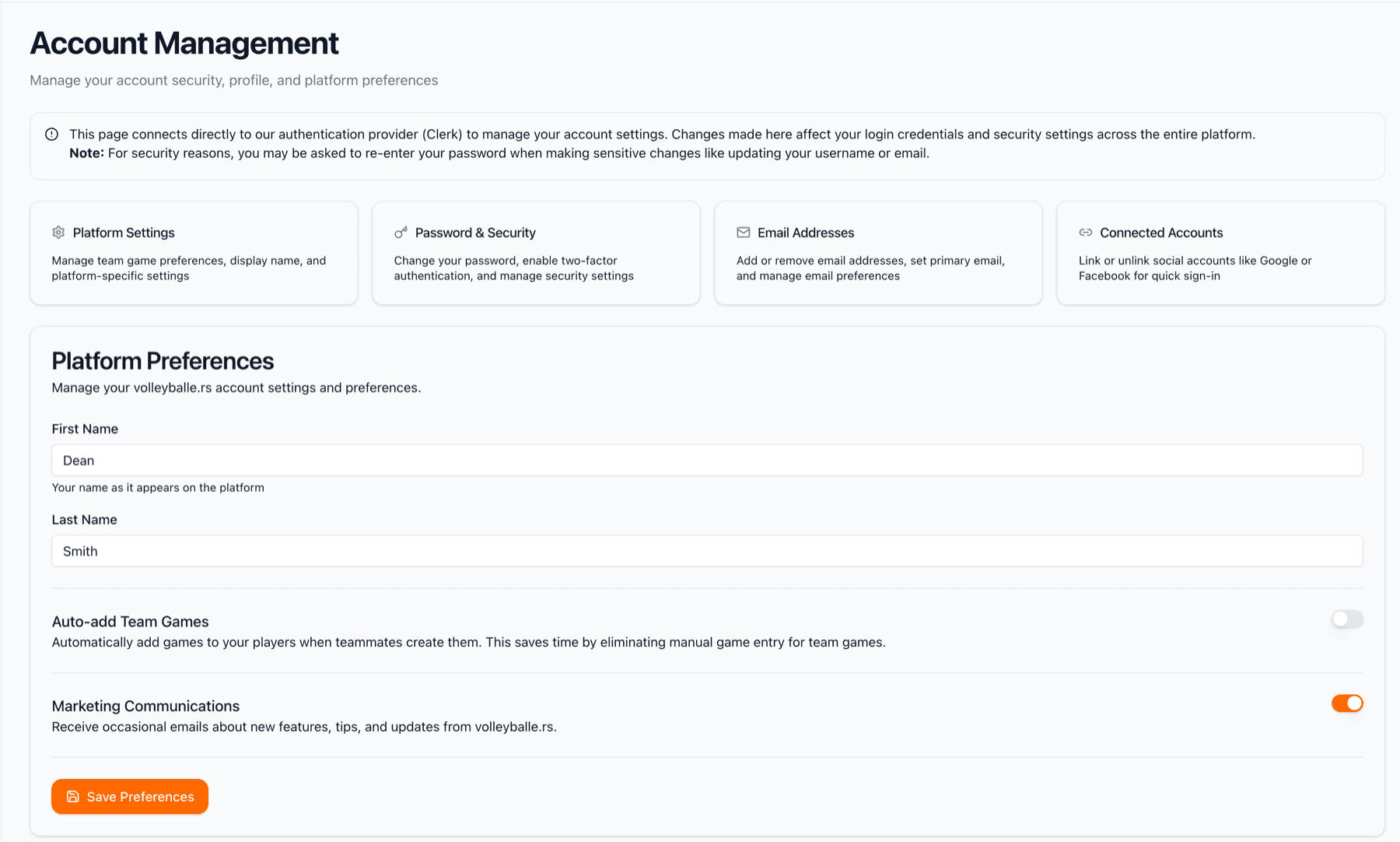 Account editing form showing name and email fields