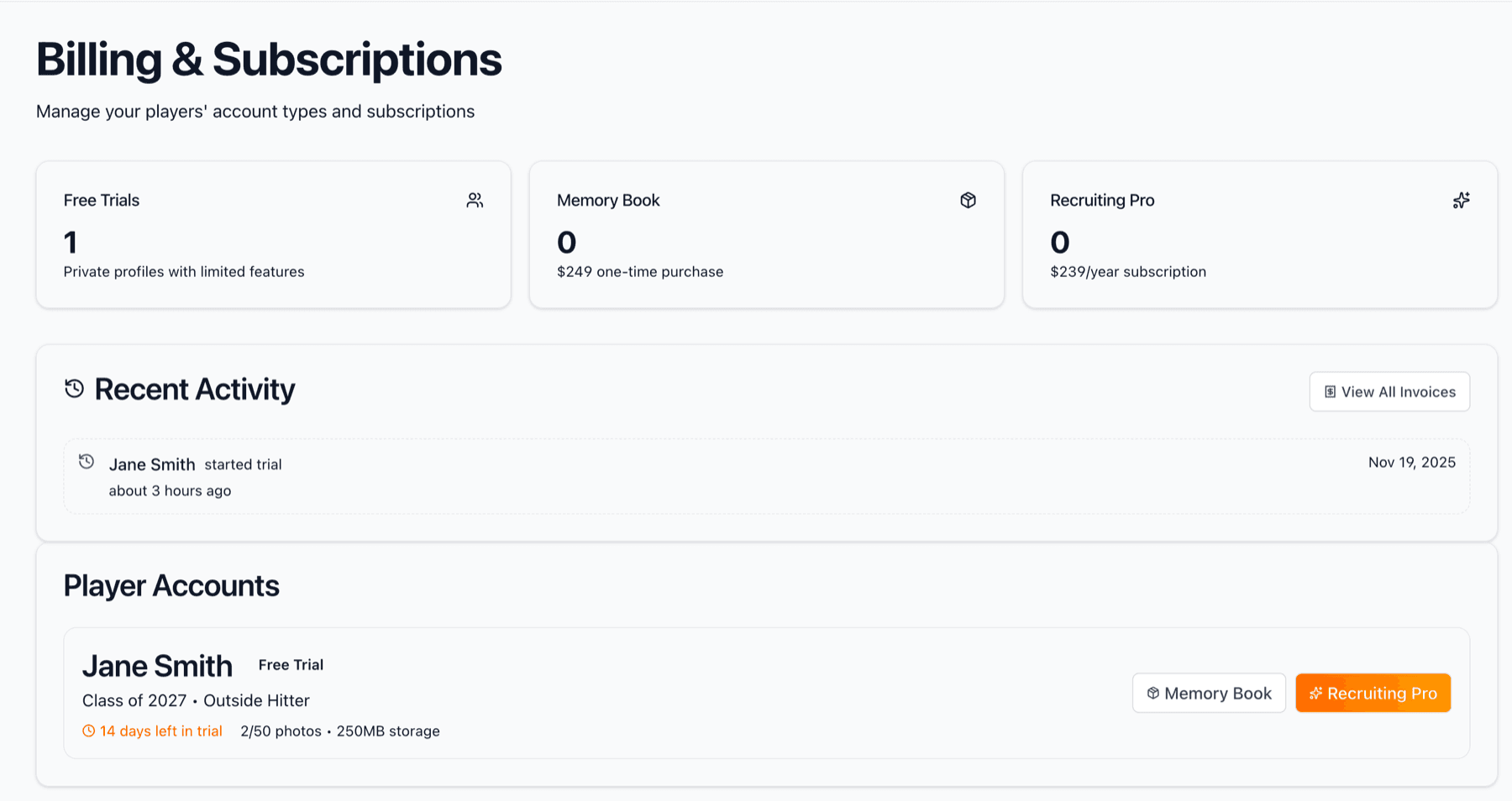 Billing page showing subscription details