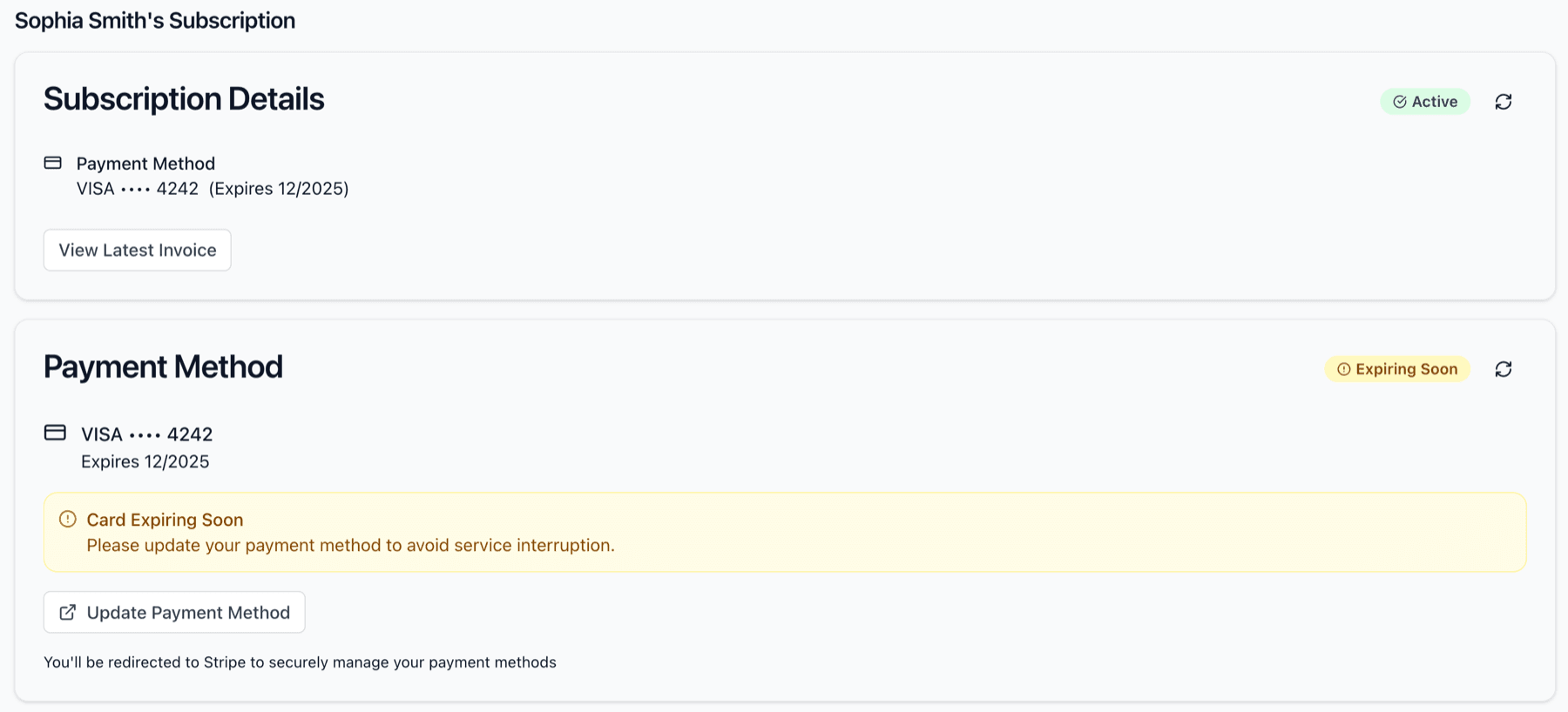 Subscription details showing active status and payment method