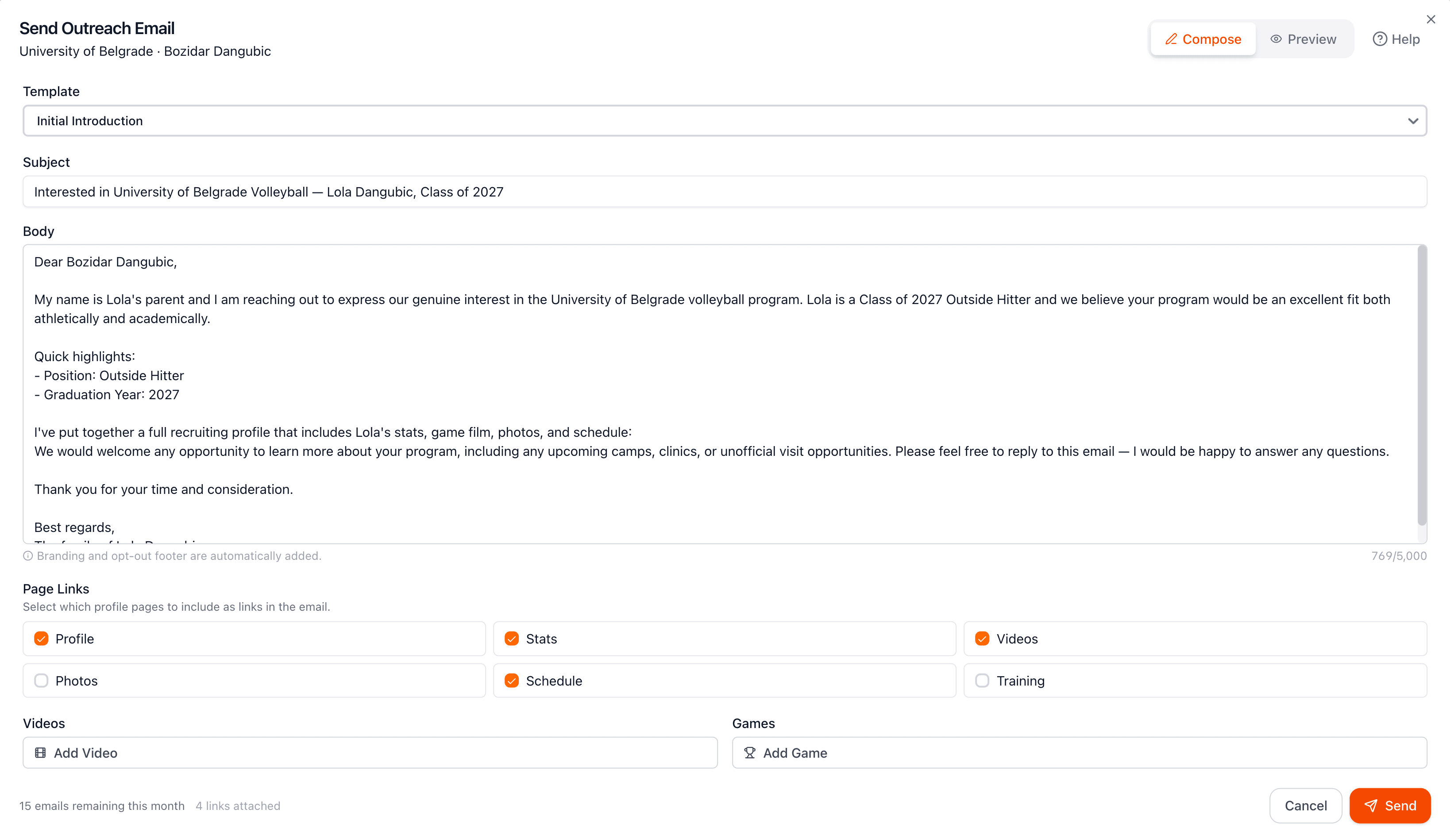 Outreach email composer interface