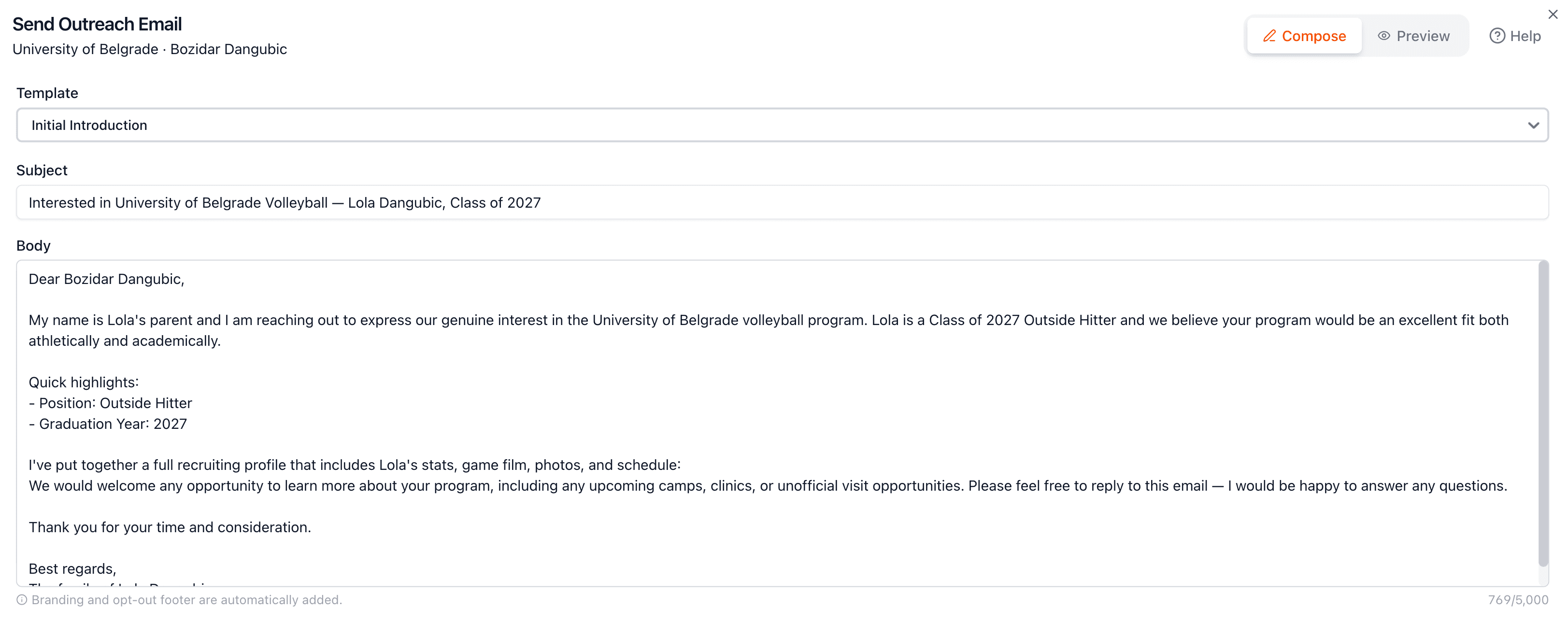 Email template selection with customizable subject and body fields