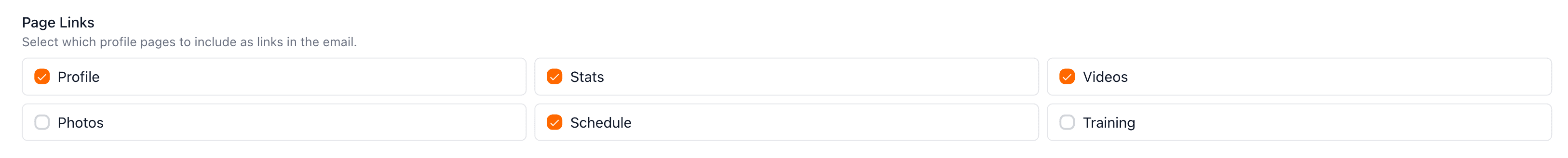 Page link selection showing available profile pages to include