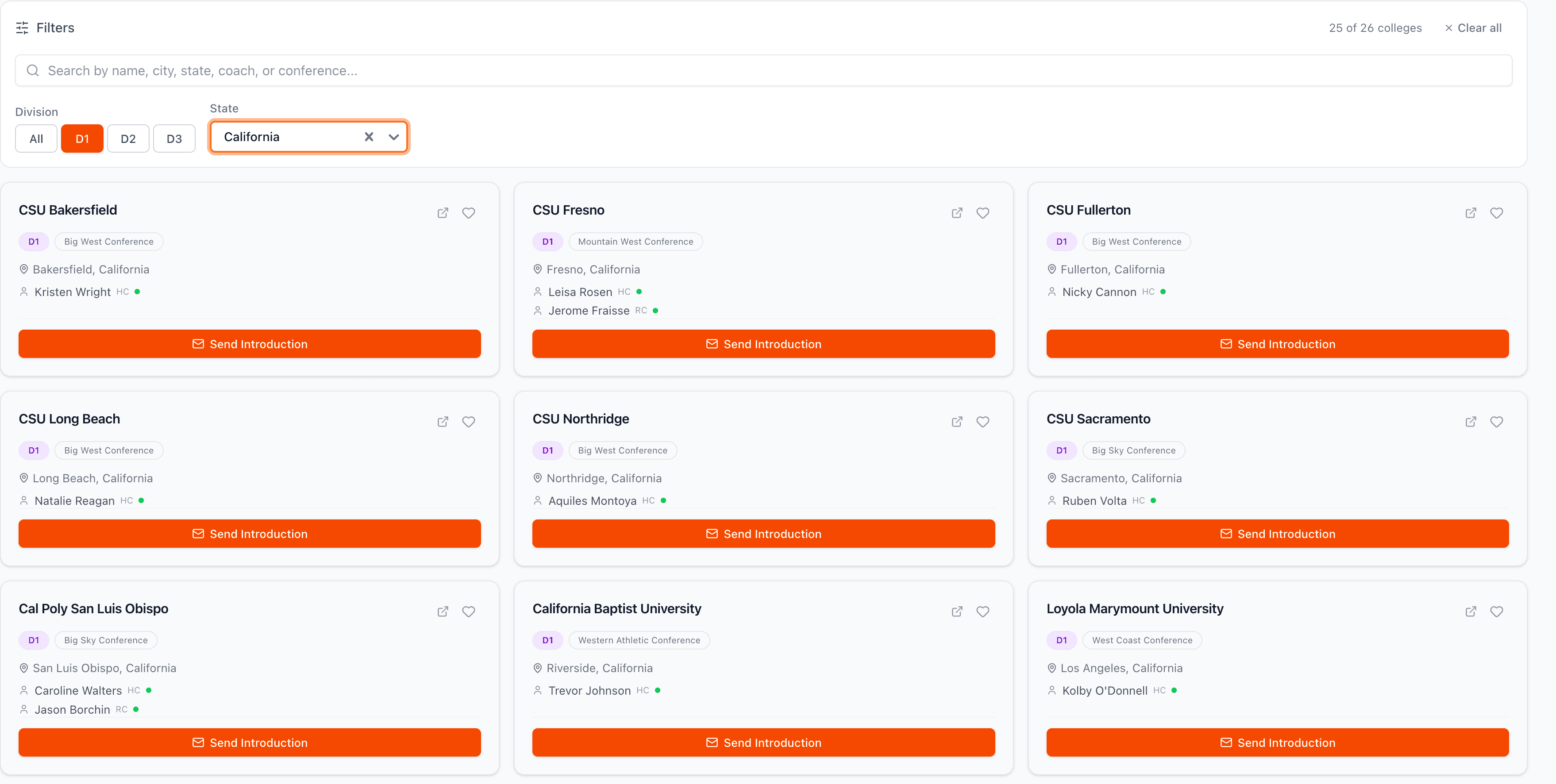 College browser with division and state filter dropdowns open