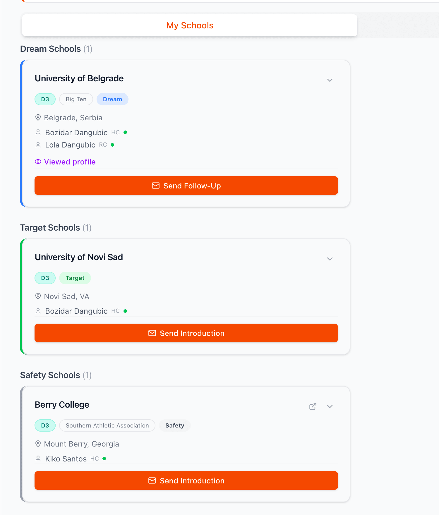 My Schools list showing Dream, Target, and Safety tiers with color-coded borders