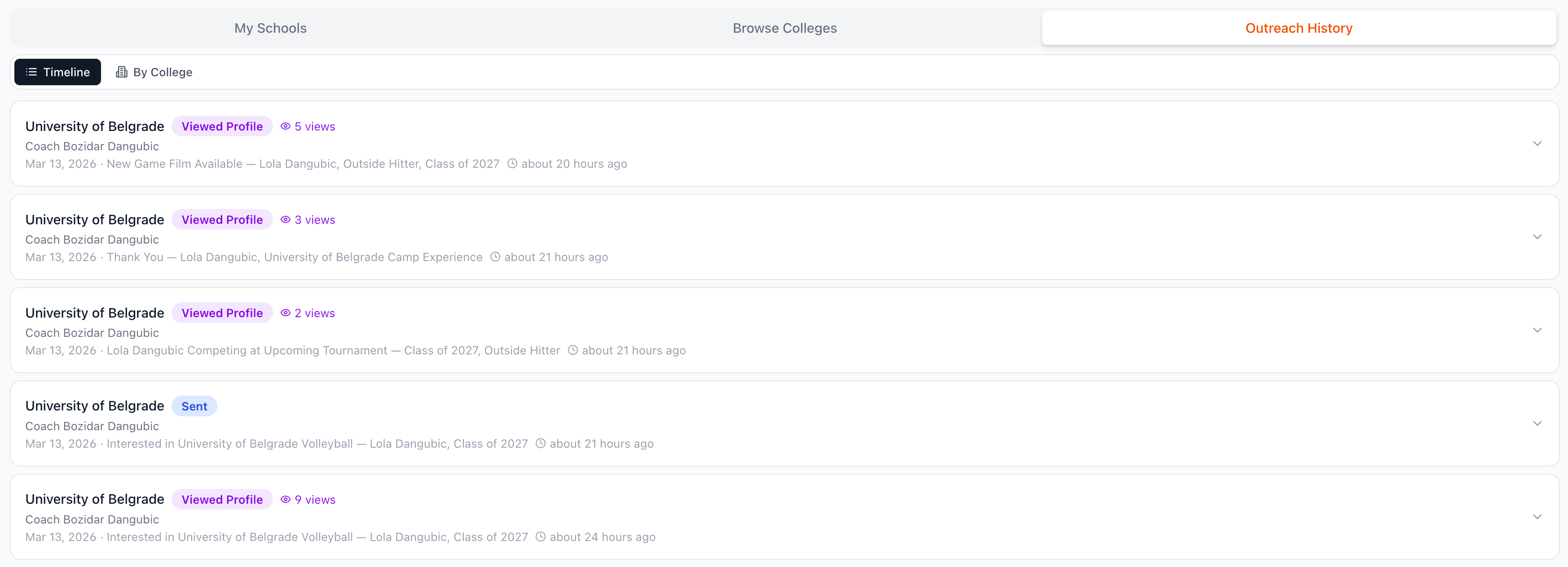 Outreach history timeline with status badges showing email statuses